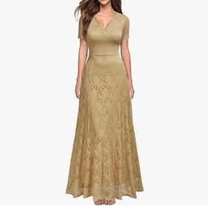 REPHYLLIS Women's Golden Retro Lace Vintage Formal Long Dress NWT